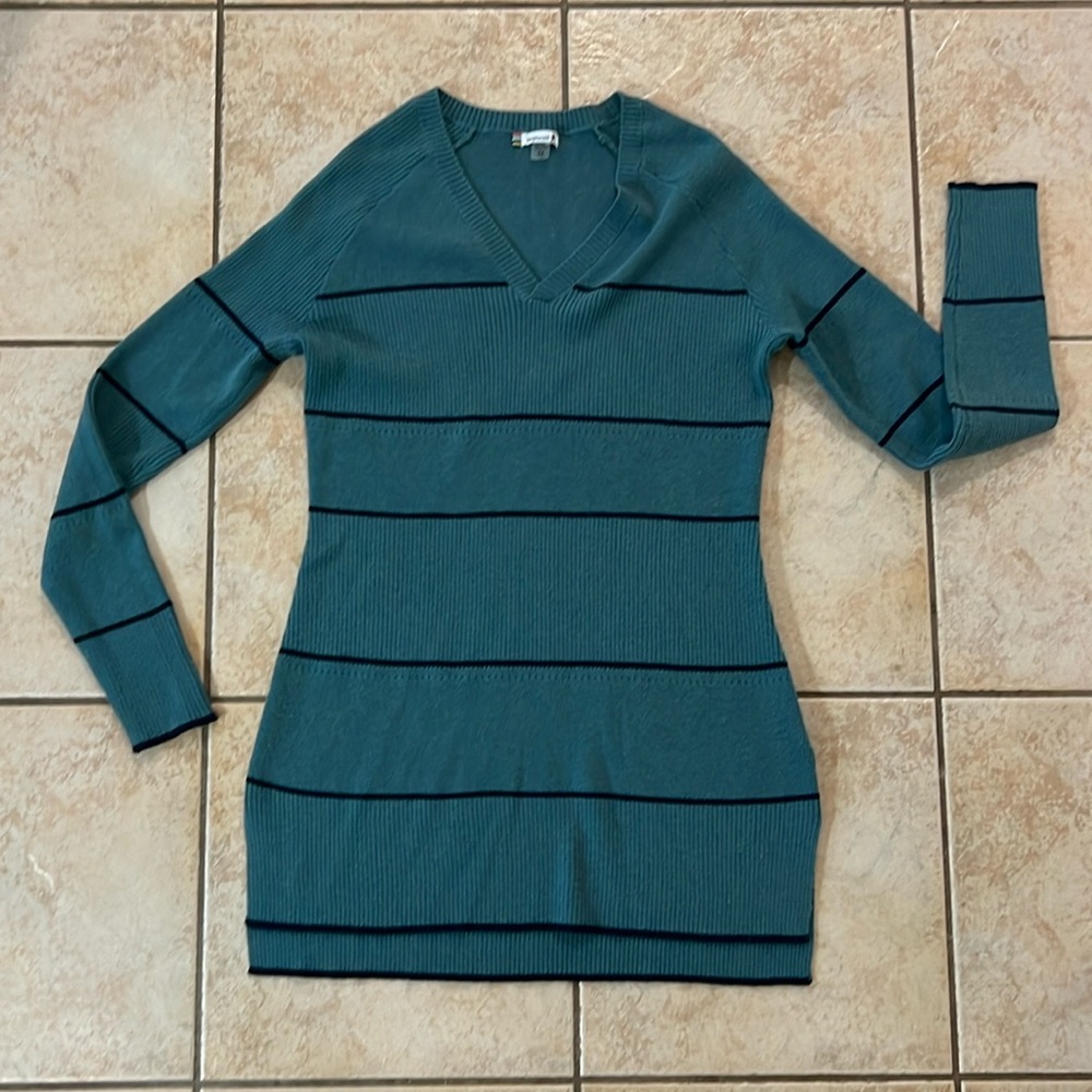 Smartwool Vneck‎ Shadow Pine Pointelle Stripe Tunic Sweater, Blue Spruce, Medium